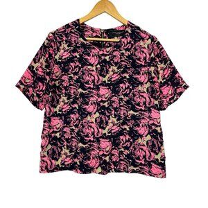 Akira Chicago Black Label Abstract Floral Top Size Medium Pink Navy Short Sleeve